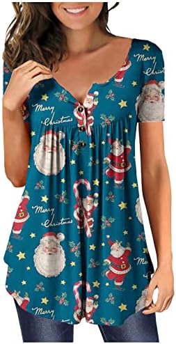 Femei de Crăciun tricouri v gât tricouri moi plisate cu plisie florată Bluză cu mânecă scurtă de vară Ascundeți burtica Blaturi libere