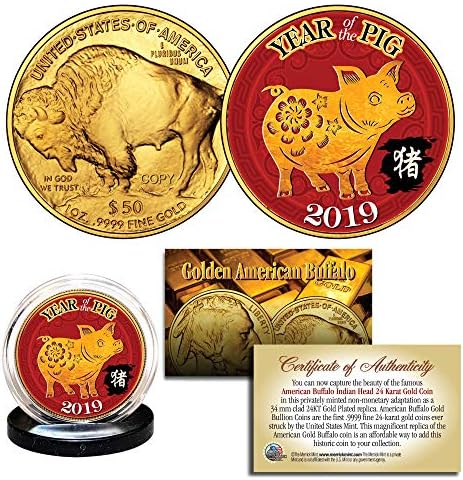 2019 Anul Nou Lunar al Pigului 24k Gold Gold 50 $ American Buffalo Tribute Monedă