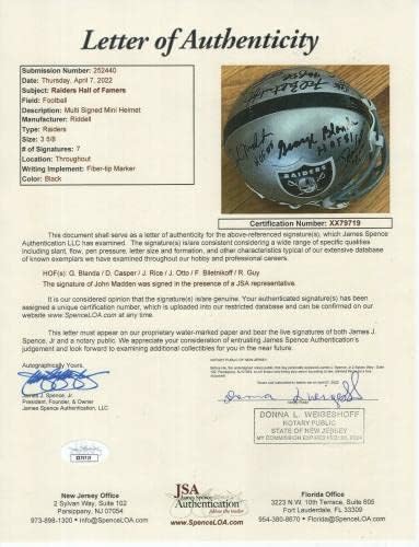 John Madden a semnat mini-cască Raiders JSA martor + JSA scrisoare 7 Sigs-Mini căști NFL cu autograf