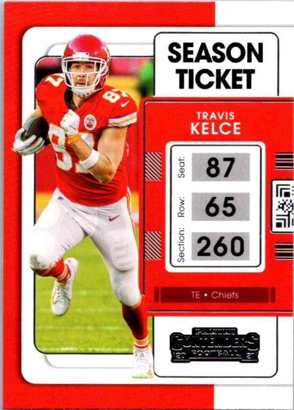 2021 Biletul de sezon al concurenților Panini 49 Travis Kelce Kansas City Chiefs NFL Card de tranzacționare a fotbalului