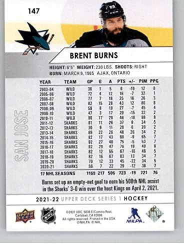 2021-22 Seria superioară a punții 1 147 Brent Burns San Jose Sharks Card oficial de hochei NHL în stare brută