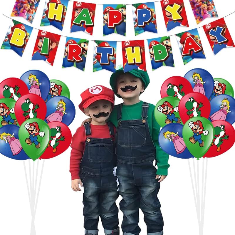 Super Party Party Supplies, Mario Tema Birthday Party Decorația include banner, fundal, baloane, caketopper, topper cupcake