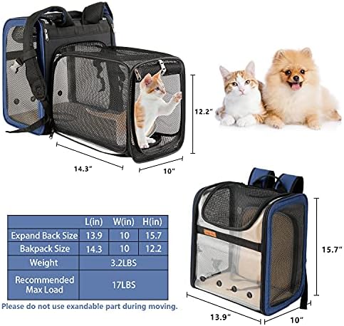 Rucsac de transport pentru pisici extensibile Hanjo pentru animale de companie - transportator pentru animale de companie Aprobate de rucsac aerian - transportator pentru rucsac pentru câini cu mată confortabilă, plasă respirabilă ține animal de companie până la 16 lbs, conceput pentru mersu