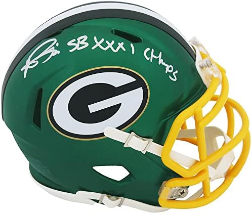 Andre Rison a semnat Green Bay Packers FLASH Riddell Speed mini cască cu SB XXXI Champs-mini căști NFL cu autograf