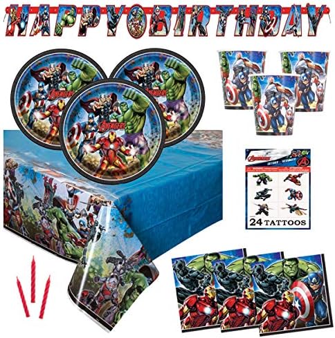Avengers Birthday Party Supplies Set - servește 16 - Include decorare banner, tablecover, farfurii, căni, șervețele, tatuaje și lumânări