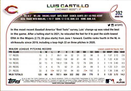 2022 Topps 392 Luis Castillo Cincinnati Reds Seria 2 MLB Card de tranzacționare de baseball