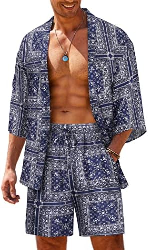 Coofandy pentru bărbați 2 piese ținute ușoare Kimono cardigan set cămașă de plajă hawaiană cu pantaloni scurți