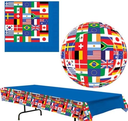 Set de decorațiuni pentru petreceri cu steaguri din întreaga lume, cu farfurii, farfurii și șervețele
