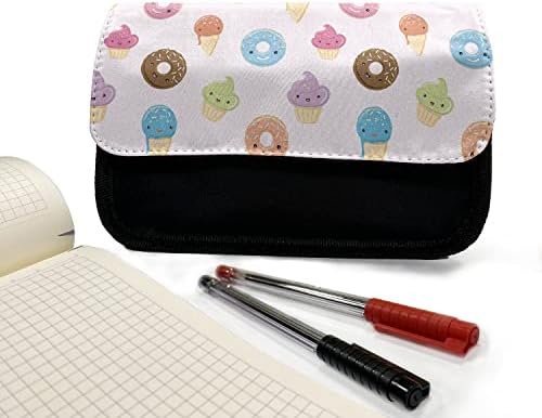 Carcasă lunară de creion Kawai, cupcakes Donuts cu înghețată, pungă de creion cu stilou din țesături cu fermoar dublu, 8,5 x 5,5, piersică palidă și multicolor