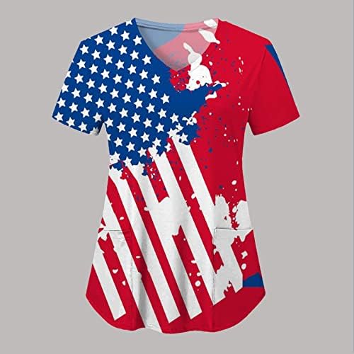 4 iulie Camasi pentru femei Usa Flag vara maneca scurta V Neck T Shirt cu 2 buzunare Bluza Top vacanță Casual Workwear