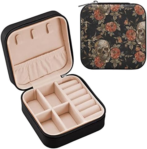 Umiriko Skull Flowers Gothic Small Bijuterii, cutii de bijuterii portabile pentru călătorie pentru inel, pandantiv, cercei, colier, cutii de depozitare a organizatorului de brățări, cadouri pentru fete pentru femei H060072