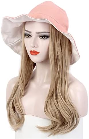 SHZBCDN peruca pălărie pescar pălărie roz umbra Peruca Lung drept aur peruca pălărie o personalitate elegant