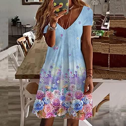 Rochie midi florală feminină cu gât în ​​v-gât cu mânecă scurtă cu mânecă scurtă florală Boho Beach Party Sundress A-Line rochii