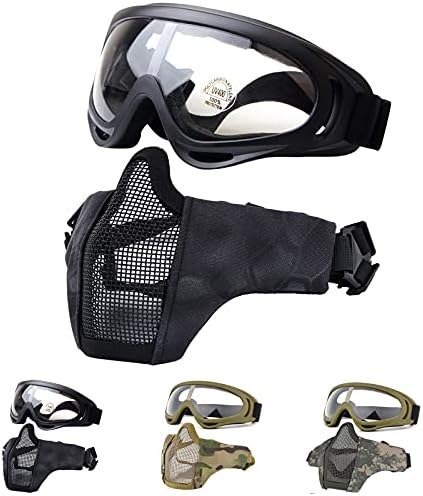 Fansport Airsoft Mask Set de ochelari tactici, măști de plasă cu jumătate de față inferioară Masca pliabilă din oțel Masca de protecție Airsoft cu ochelari de protecție setate pentru vânătoare, tir, paintball