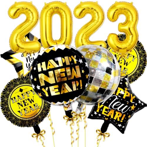Setul de Balloane de Anul Nou Anul Nou include Balloane de aur 2023 Balloane de Anul Nou fericit Balloane Disco Ball Balloons Ball Balloons de Anul Nou, Aur Black Anul Nou Balloane 2023 pentru decorațiuni de Anul Nou 2023