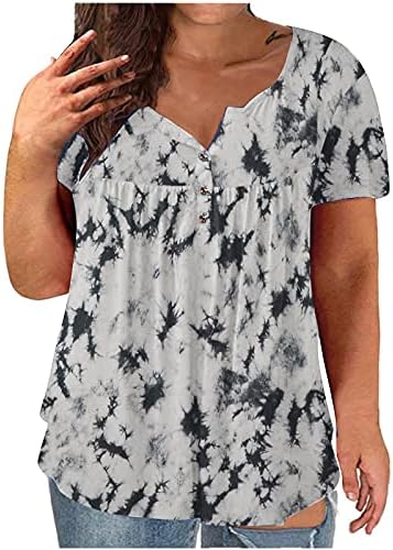 Tricou supradimensionat de vară pentru femei colorat colorat vopsit tunică ruched tops v gât cu mânecă scurtă bluze casual