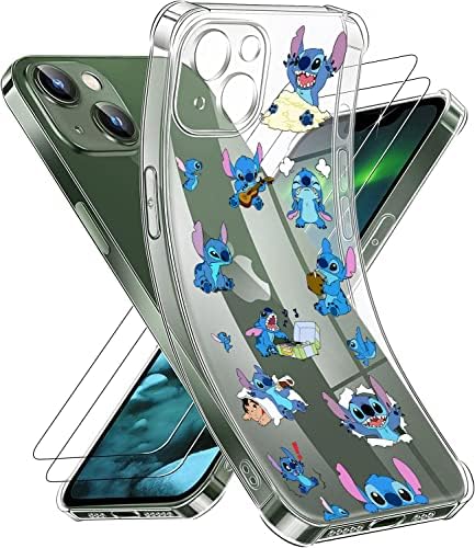 Mobrwuvs 2 Pack Clear Case + Stitch Carcasă pentru iPhone 14, lentile complet învelite și anti-drop fără a schimba materialul