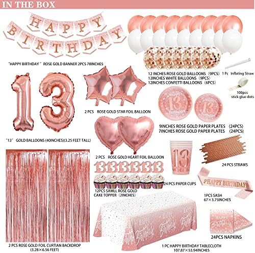 Decorațiuni de 13 ani pentru fată - banner de aur roz, fundaluri de folie, baloane, farfurii și șervețele, căni, topper cupcake,