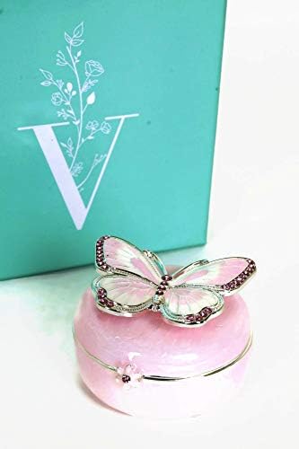 VI N VI Pink Butterfly Hinge Bijuterii Trinket Box | Figurină de colecție pictată manual și afișare decorativă, suport și organizator