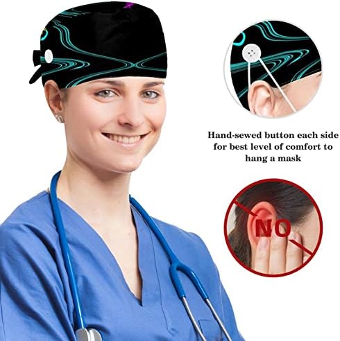 Yoyoamoy Caps de lucru medical cu butoane, bumbac cu bandă de transpirație bouffant cravată înapoi linii de pălărie pește