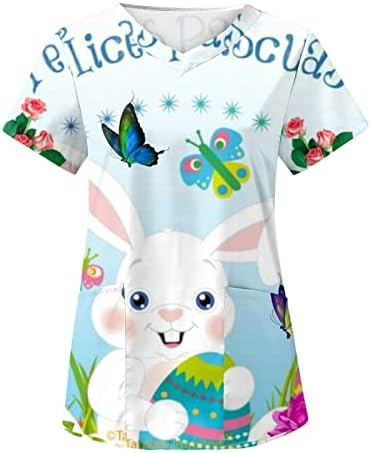 Maneca scurta Top T Shirt pentru fete Vneck florale Grafic birou Scrub drăguț Animal Bunny Cosplay Costume de top IG