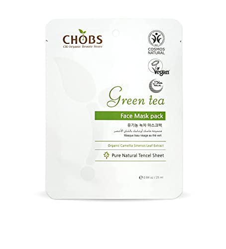 Pachet de mască de față cu ceai verde organic CHOBS, bogat în umiditate, pentru toate tipurile de piele, certificat BDIH/Vegan/Halal,