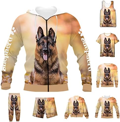 Fashion Fashion Mens 3d Animal German Shepherd Print Tricou+Shentet Set Set Casual Track Progot