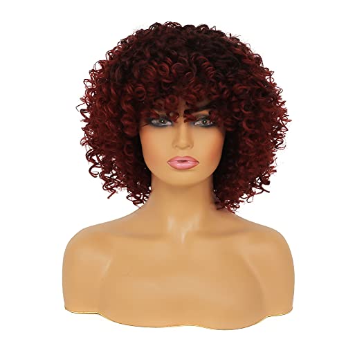 Amnenl scurt vin roșu Afro cret peruca cu breton pentru femei negru naturale sintetice cret Halloween Cosplay costum Peruci cu peruca Cap