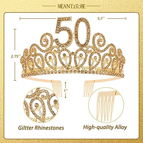Mențiat2Tobe 50th Birthday Sash și Tiara pentru femei - Fabulous Glitter Sash + Ripples Rhinestone Gold Premium Metal Tiara