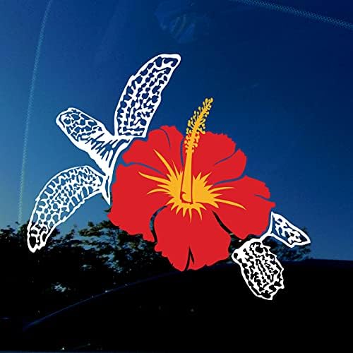 Decalitate Hawaii - 8 x 7 inci - Turtle and Red and Yellow Hibiscus Flower - Vinil - Decal pentru perete/laptop/fereastră/mașină/camion