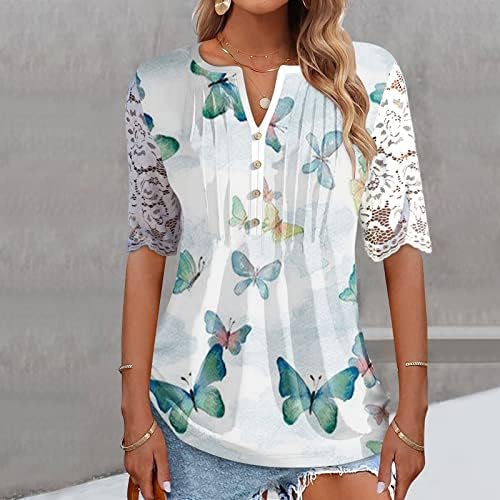 Femei dantela maneca scurta Topuri buton V Neck T Shirt Dressy Casual florale imprimare Bluze 2023 vara tunica merge sus
