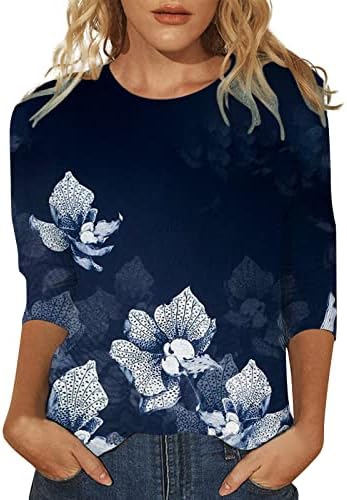 Femei casual 3/4 tricouri de vară cu mânecă, tunică cu imprimeu floral la modă topuri subțiri Slim Fit Crewneck pulovere pulovere
