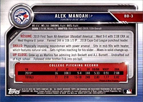 2019 Bowman Draft #BD-3 ALEK MANOAH RC Rookie Toronto Blue Jays MLB Baseball Trading Card