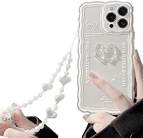 Casechics compatibil cu carcasa iPhone, drăguță 3D Crystal Bow BOWKNOT Formă de undă cretă cu carcasă cu curea de brățări cu