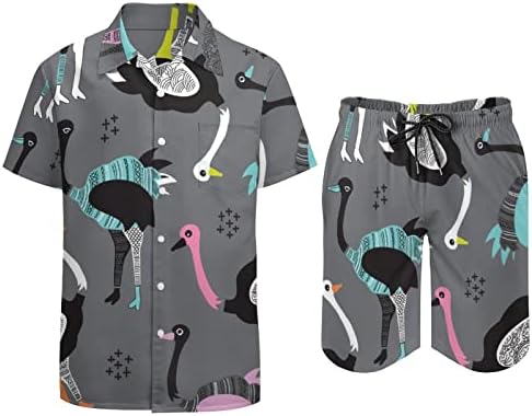 Colorate Ostrich pentru bărbați din 2 piese de pe plajă Button hawaiian în jos, cămașă cu mânecă scurtă și pantaloni scurți