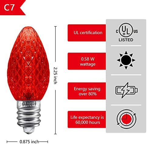 Yongzhenlite UL Cutie listată de 25 de becuri de înlocuire cu Led-uri C7,2 LED-uri SMD în fiecare bec C7 Dimmable pentru lumini de șir în aer liber, complet impermeabil și rezistent la rupere