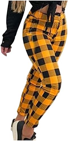 Femei plus dimensiune talie elastică Pantaloni imprimați în carouri care împletesc pantaloni casual cu talie înaltă cu buzunare
