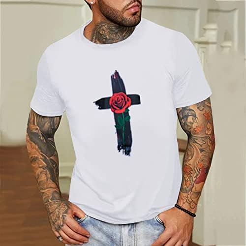 XXVR Tricouri cu mânecă scurtă de vară pentru bărbați, Jesus Cross Cross Rose Imprimat Crewneck Tricou de bază Casual Fashion