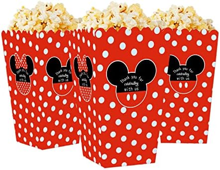 Set MOAXMOA de 24 de mouse cu cutii de popcorn cutii de naștere pentru petrecerea zilei de naștere, cutii de gustări roșii și albe pentru nopții de teatru de film, decorațiuni de petrecere tematică Mickey Minnie