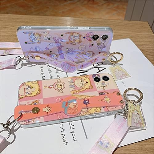 Kimzozkoala pentru iPhone 11 Husa pentru carcasă, Cute Japonia Anime Sailor Moon Carcasă cu suport pentru bandă de mână curea reglabilă Lanyard Diamond Glitter Soft Phone Cover Back pentru iPhone 11