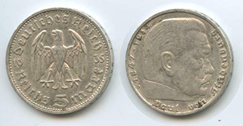 1935 -1936 Silver Hindenburg 5 Reichsmark Coin, era nazistă fără svastică. Făcut în onoarea președintelui german și a celui