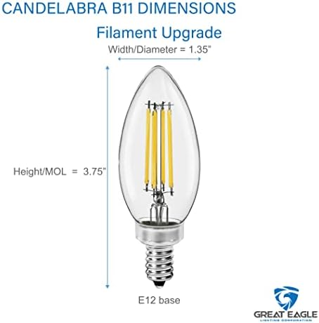 Great Eagle Lighting Corporation Candelabra B11 Becuri LED 60W echivalent 500 lumeni, reglabil, filament E12 lumânare 3000k alb moale, listat UL, pachet de 6