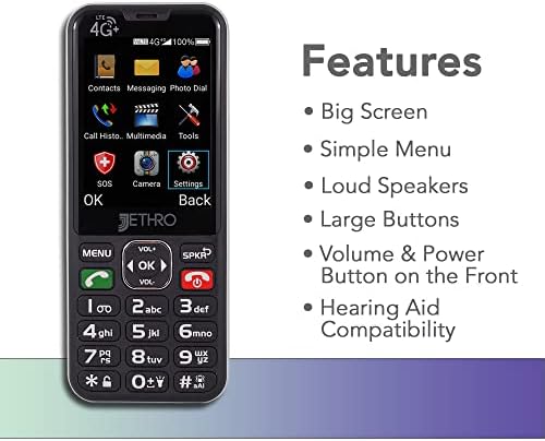 Jethro SC490 4G Deblocat Telefon mobil Senior/Plan de un an nelimitat și text nelimitat, cartelă SIM inclusă, ușor de utilizat pentru bătrâni și copii, ecran mare și butoane, certificat FCC