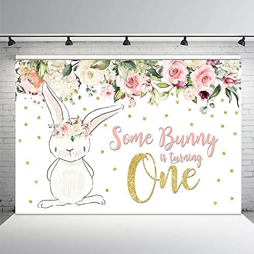 Mehofoto 10x7ft Bunny Girl One Birthday Party Fundal Spring Pink Pink Floral Glitter Gold Rabbit Un iepuras One Girl Happy