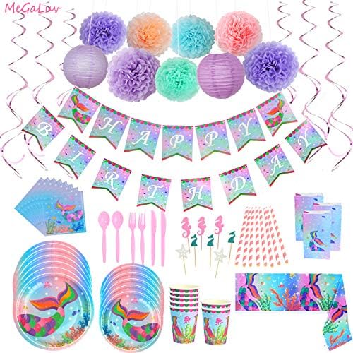 Mermaid Birthday Party Supplies and Decoration Kit-Paper Plates, șervețele, cupe fără BPA, fețe de masă, bannere de naștere
