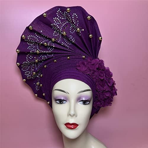 Nigerian Aso Oke Headtie cu margele & amp; Pietre deja făcute auto Gele Cap Wrap femei Turban Hat Headties africane pentru