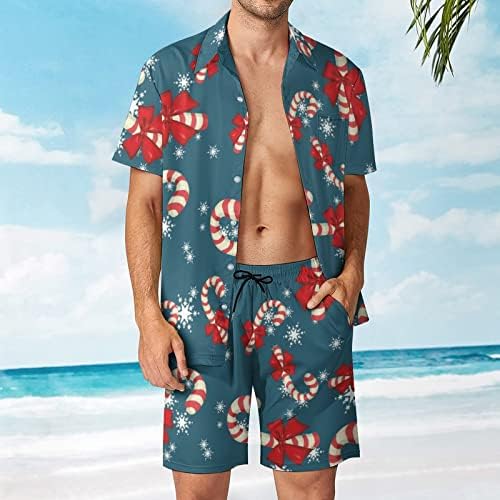 Dulciuri de Crăciun pentru bărbați din 2 piese Outfituri pe plajă Button hawaiian în jos cu mânecă scurtă și costume scurte