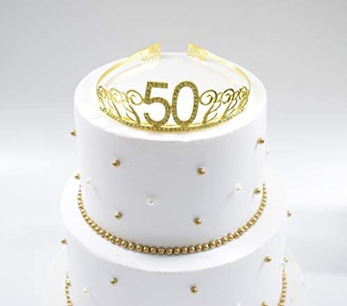 50th Birthday Gold Tiara and Sash, Glitter Satin Sash și Crystal Tiara Coroana de naștere pentru 50 de ani