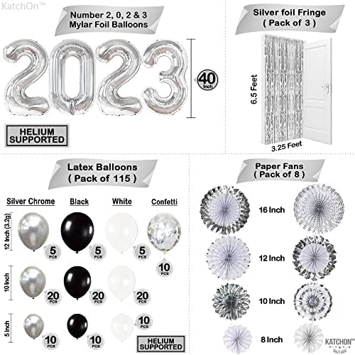 Decorațiuni de petrecere Katchon, Black and Silver Absolvion Party 2023 Set - Pack uriaș de 155, Kit Arch Balloon Balloon | Numere de baloane de argint 2023 | Decorațiuni de absolvire Clasa din 2023 alb -negru