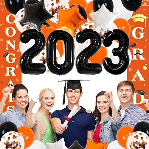 Decorații de petrecere de absolvire portocalie și neagră 2023 Decorații de absolvire negre portocaliu 2023 Portocaliu Felicitări